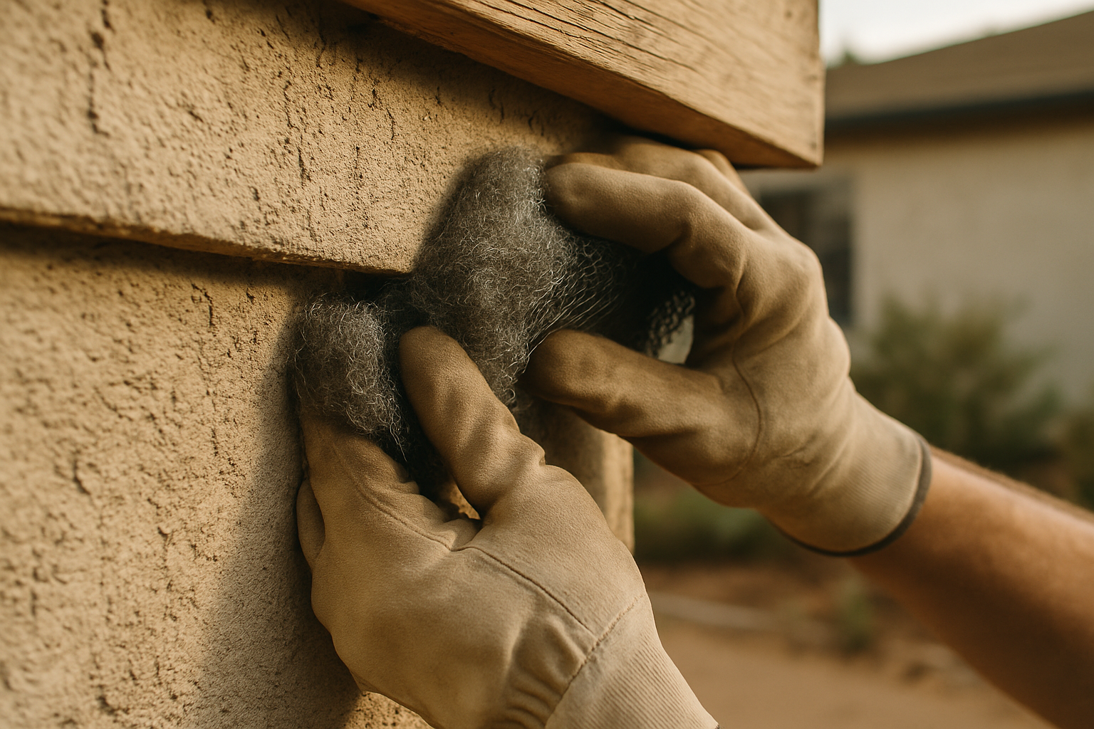 Shows the physical act of sealing a rodent entry point on a Southern California rental property exterior  -  illustratin