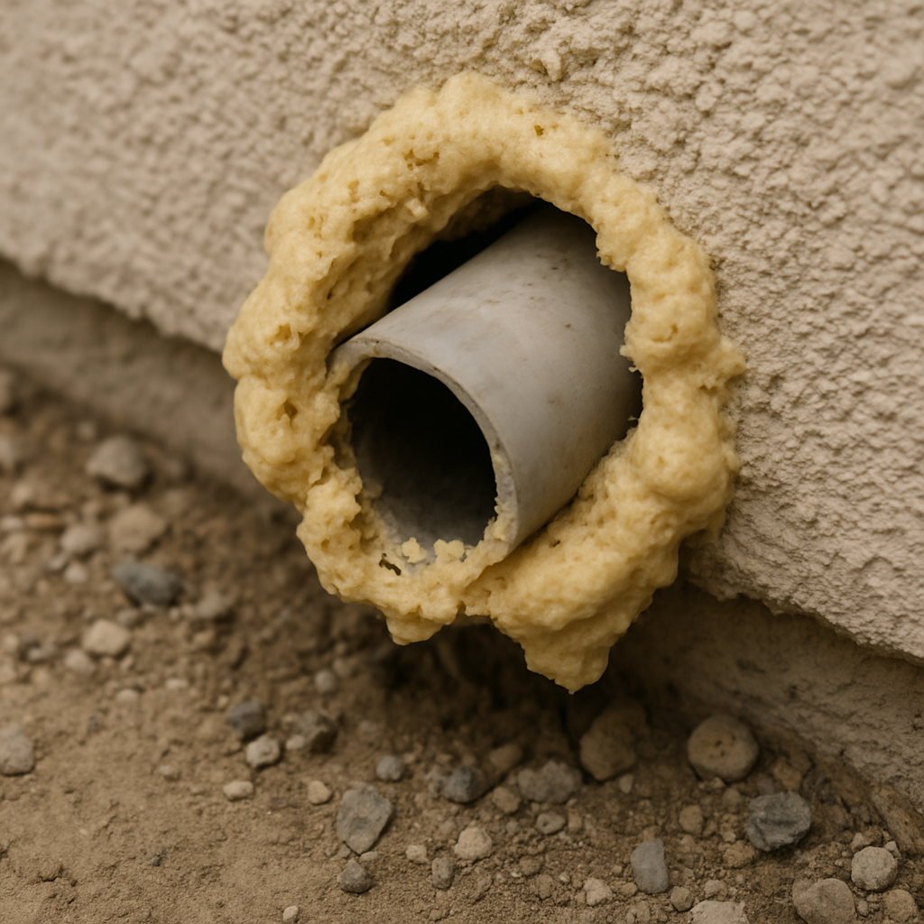 A tight, documentary close-up of gnawed expanding foam around a pipe penetration makes the section's 'materials that fai