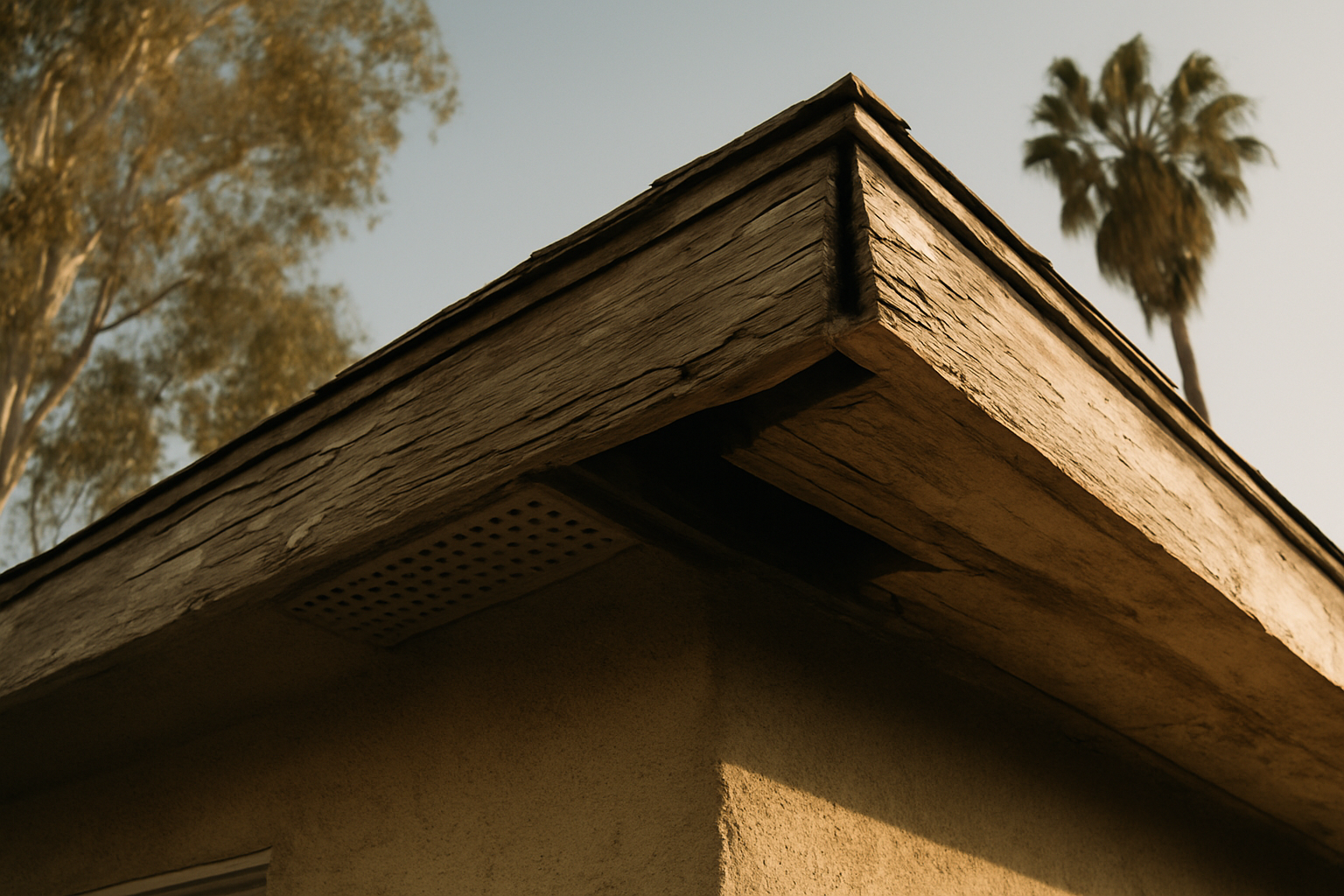 Shows the exact structural vulnerability described in the copy  -  warped fascia and open soffit vents  -  giving homeow
