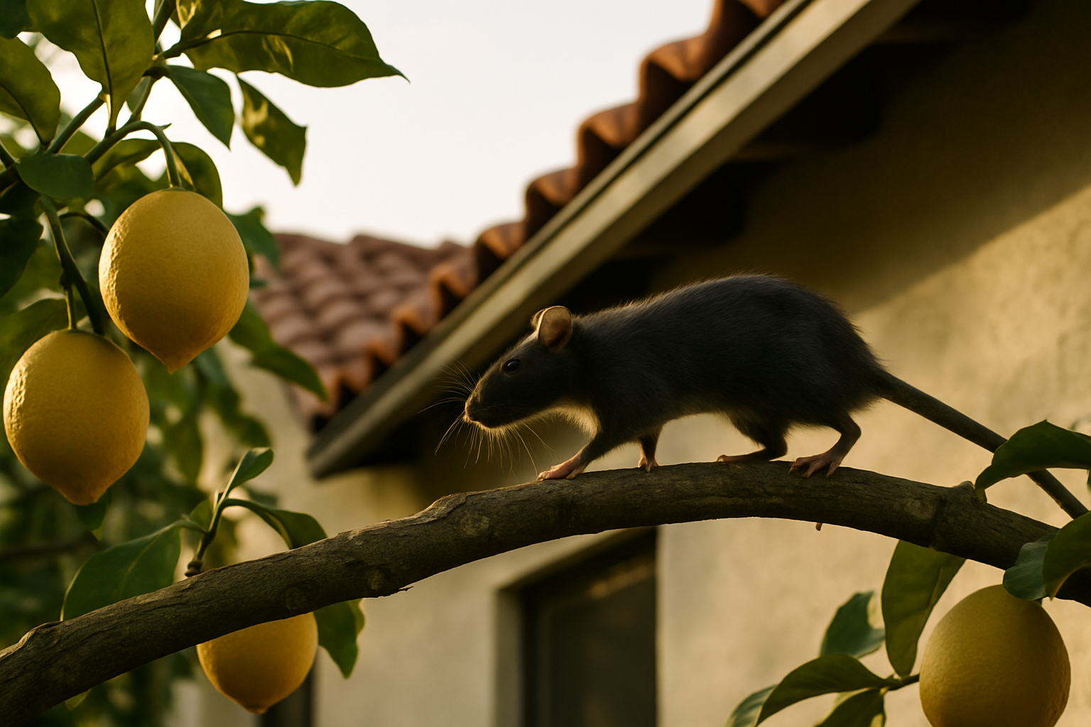 The scene concretely illustrates the LA-specific roof-rat pathway  -  citrus tree to roofline  -  described in both the 