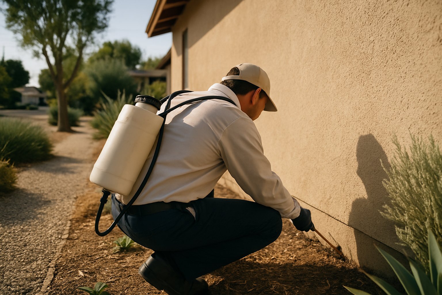 Shows an anonymous technician inspecting a Valley-typical stucco exterior, grounding the hero section in the local exclu