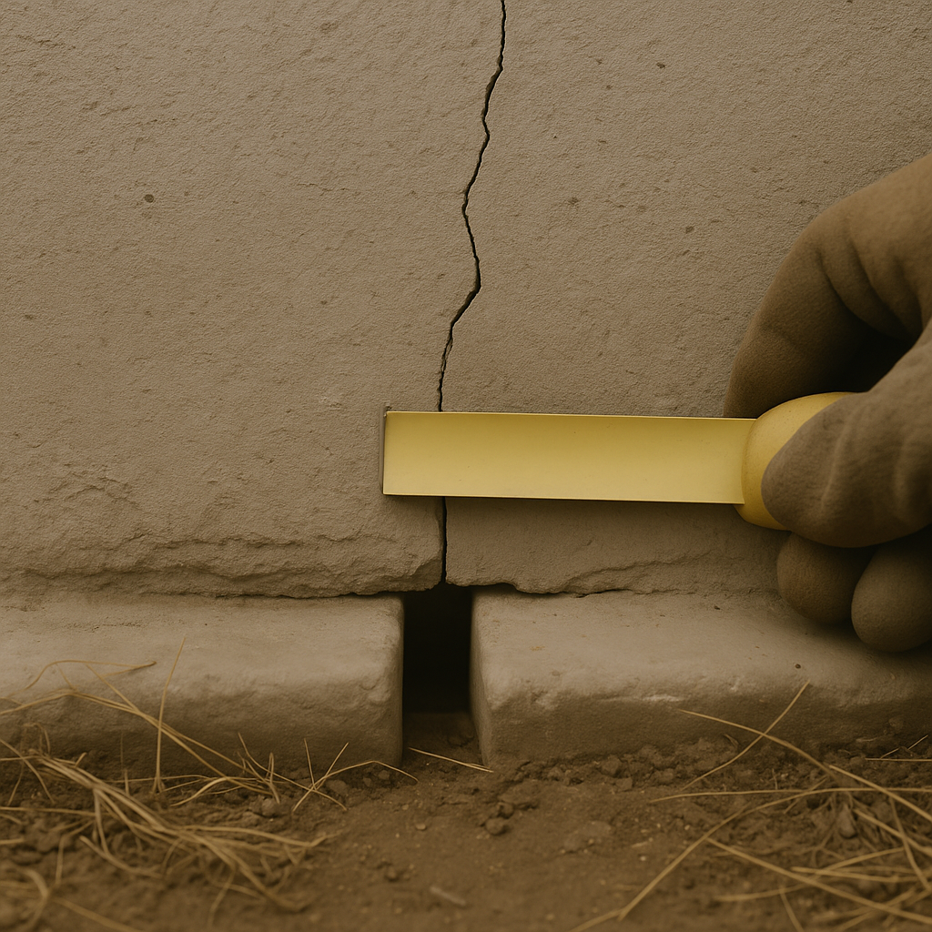 Illustrates the precise, technical act of assessing a foundation gap before material selection, reinforcing the page's m