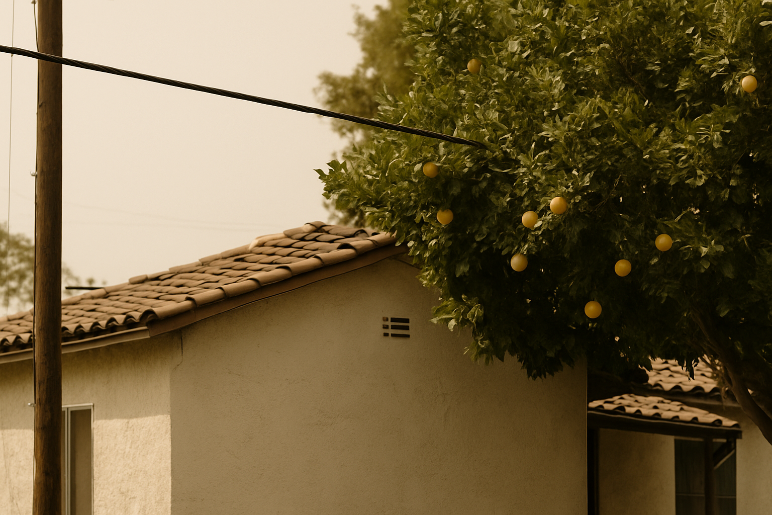 Shows the classic LA roof-rat highway  -  utility lines and citrus canopy leading directly to a home's eave  -  without 