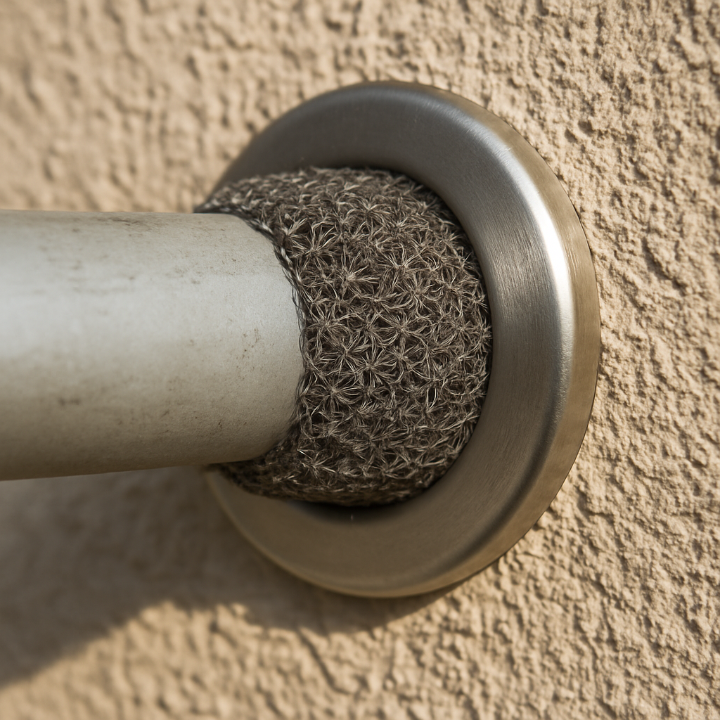 Shows the finished exclusion seal  -  copper mesh plus cap  -  as a concrete, satisfying resolution that contrasts with 