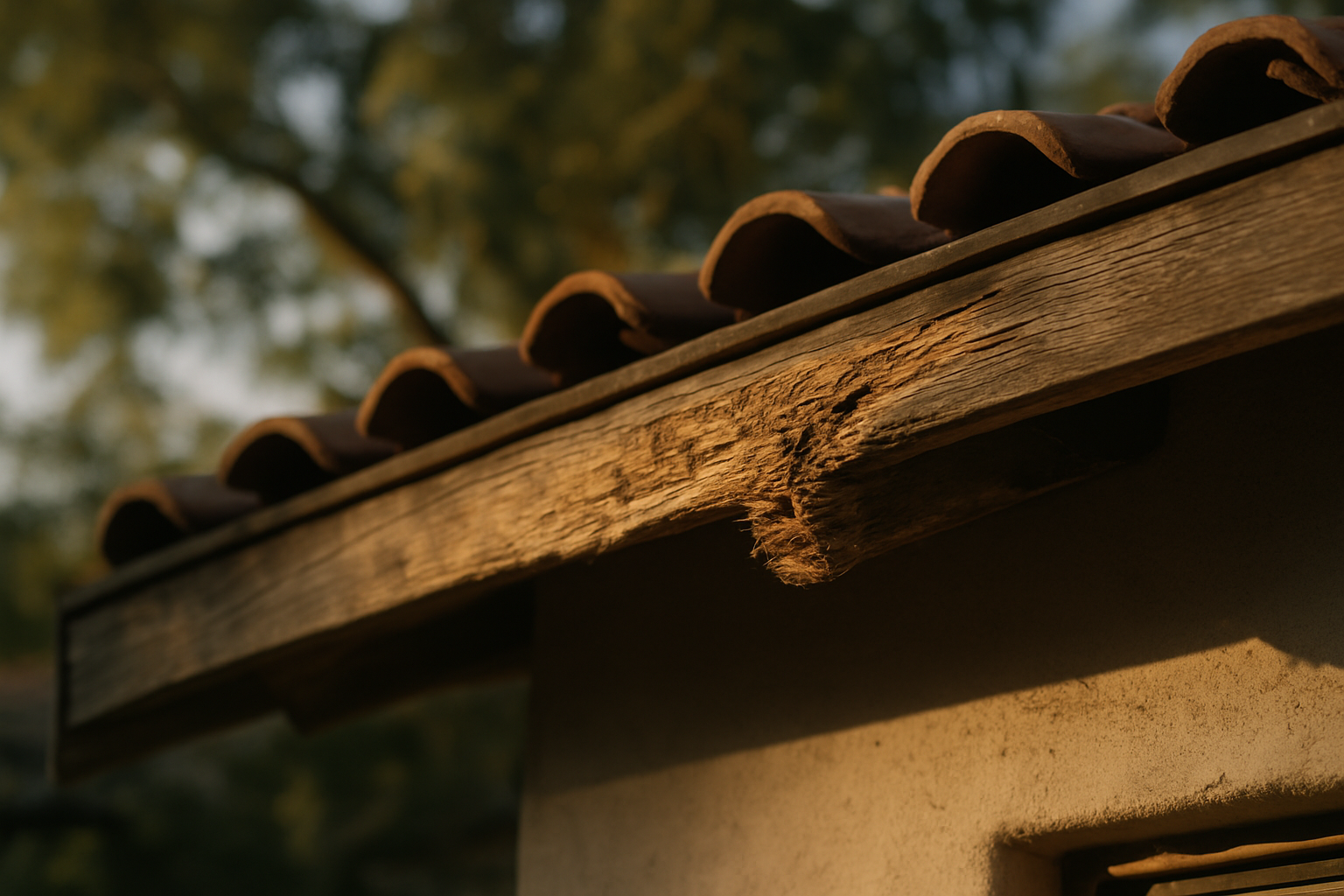 Shows the exterior roofline gnaw-mark evidence specific to roof-rat behaviour in LA, matching the regional architecture 