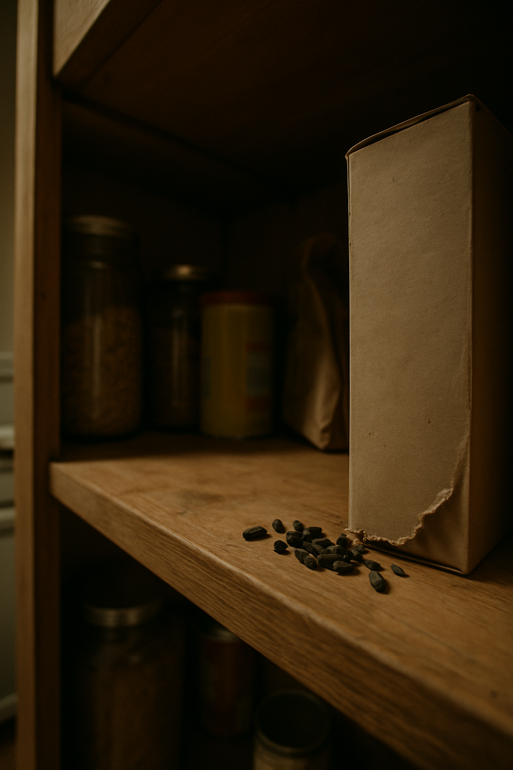 Illustrates the pantry zone evidence  -  droppings and gnaw marks together  -  giving homeowners a relatable reference p
