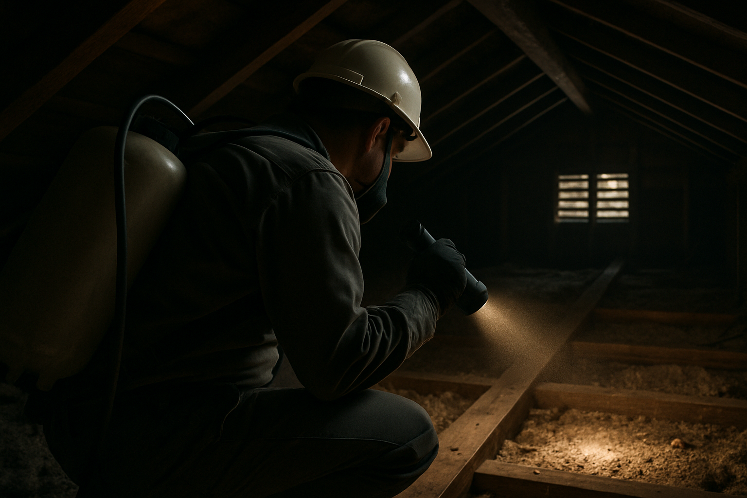 Establishes the attic inspection context visually without showing a face, grounding the hero section in the specific zon