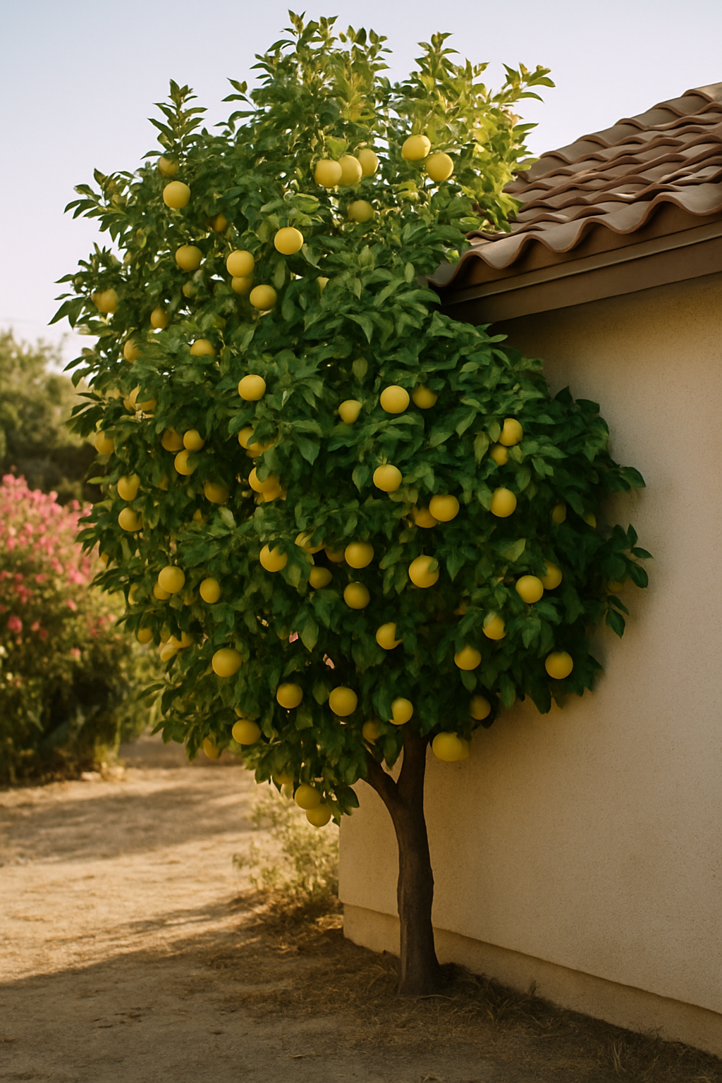 Shows the classic LA residential landscaping scenario  -  mature citrus growing flush against a tile roof  -  that the p
