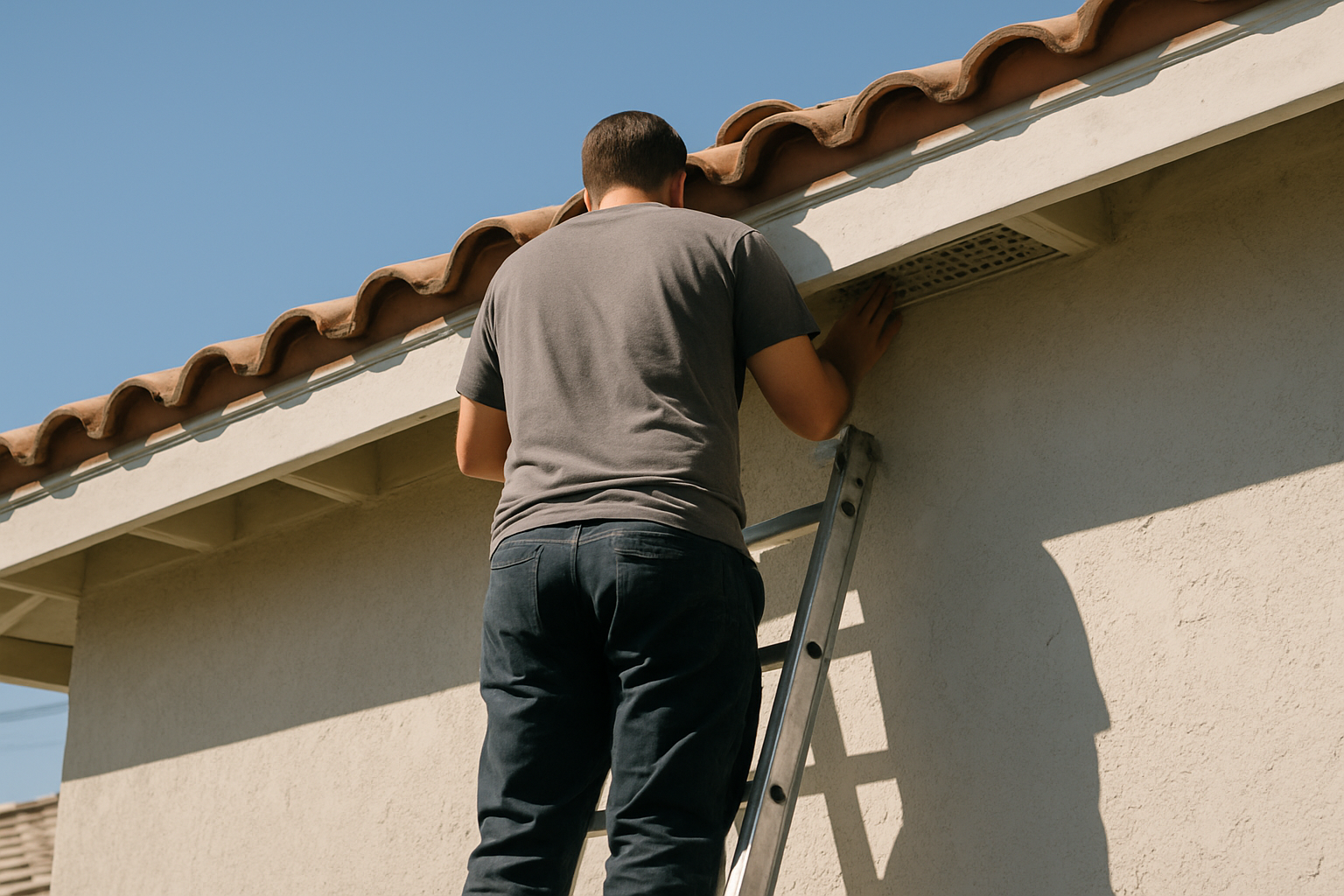 Grounds the 'roof-up approach' copy with a realistic inspection scene focused on the exact roofline features  -  soffit,