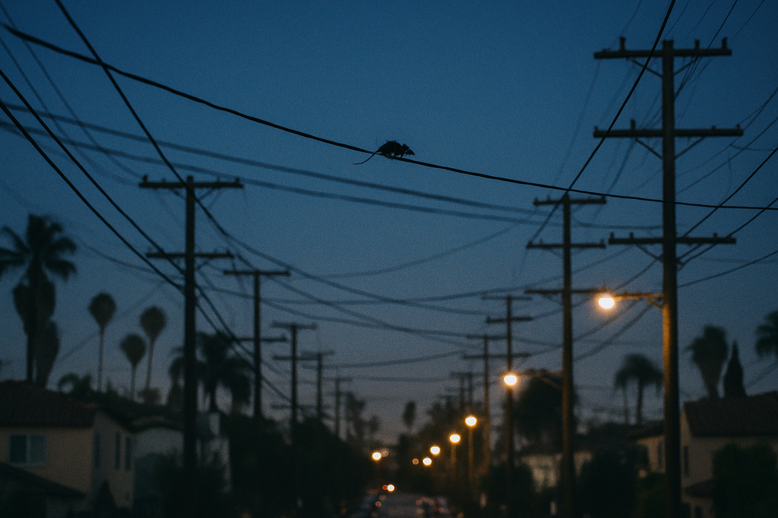 Directly illustrates the roof-rat utility-line travel path called out in the slot brief, set unmistakably in an LA resid