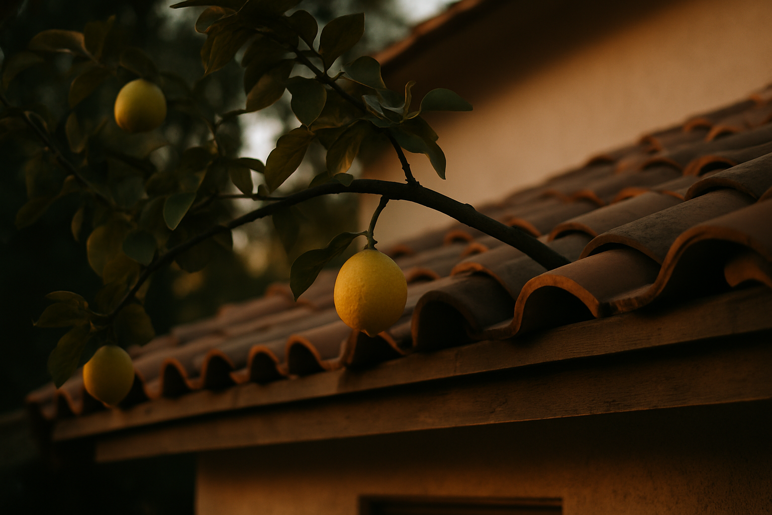 Visualises the specific citrus-branch-to-roofline travel corridor that the surrounding copy describes as the defining en
