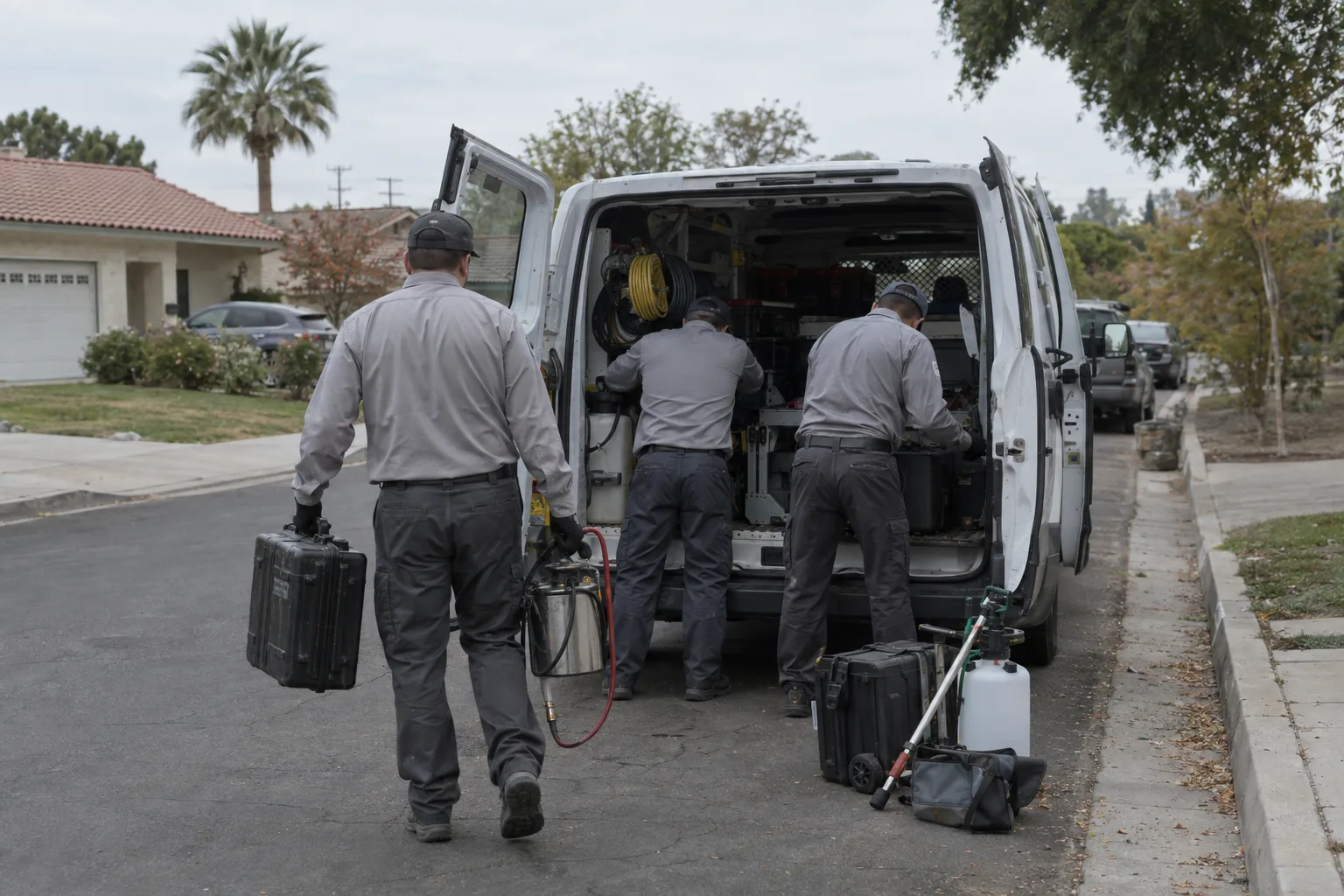 Three technicians in work uniforms, seen from behind, load equipment into a white service van parked on a sun-lit suburban street lined with palm trees and stucco homes typical of the San Fernando Valley