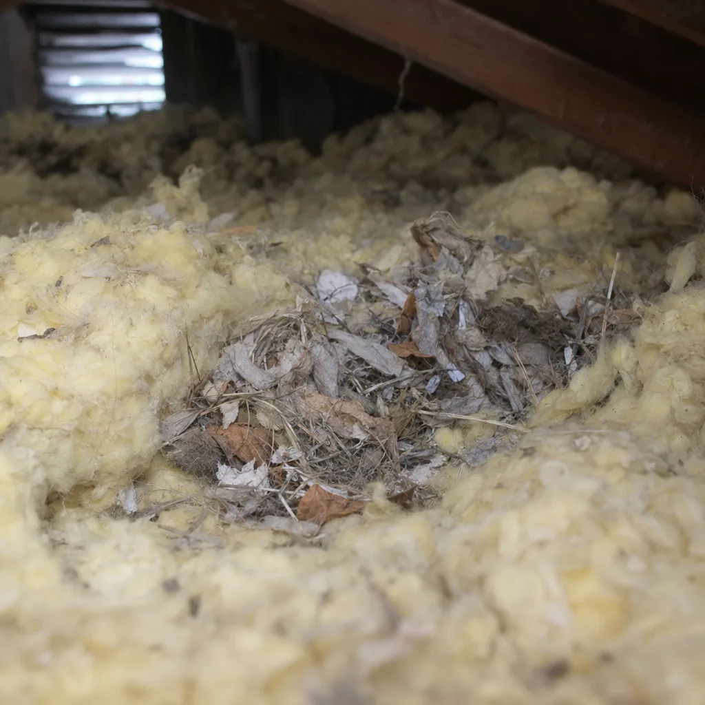 Shredded paper, plant fibers, and compressed insulation forming a rodent nest cavity inside dusty blown-in attic insulation