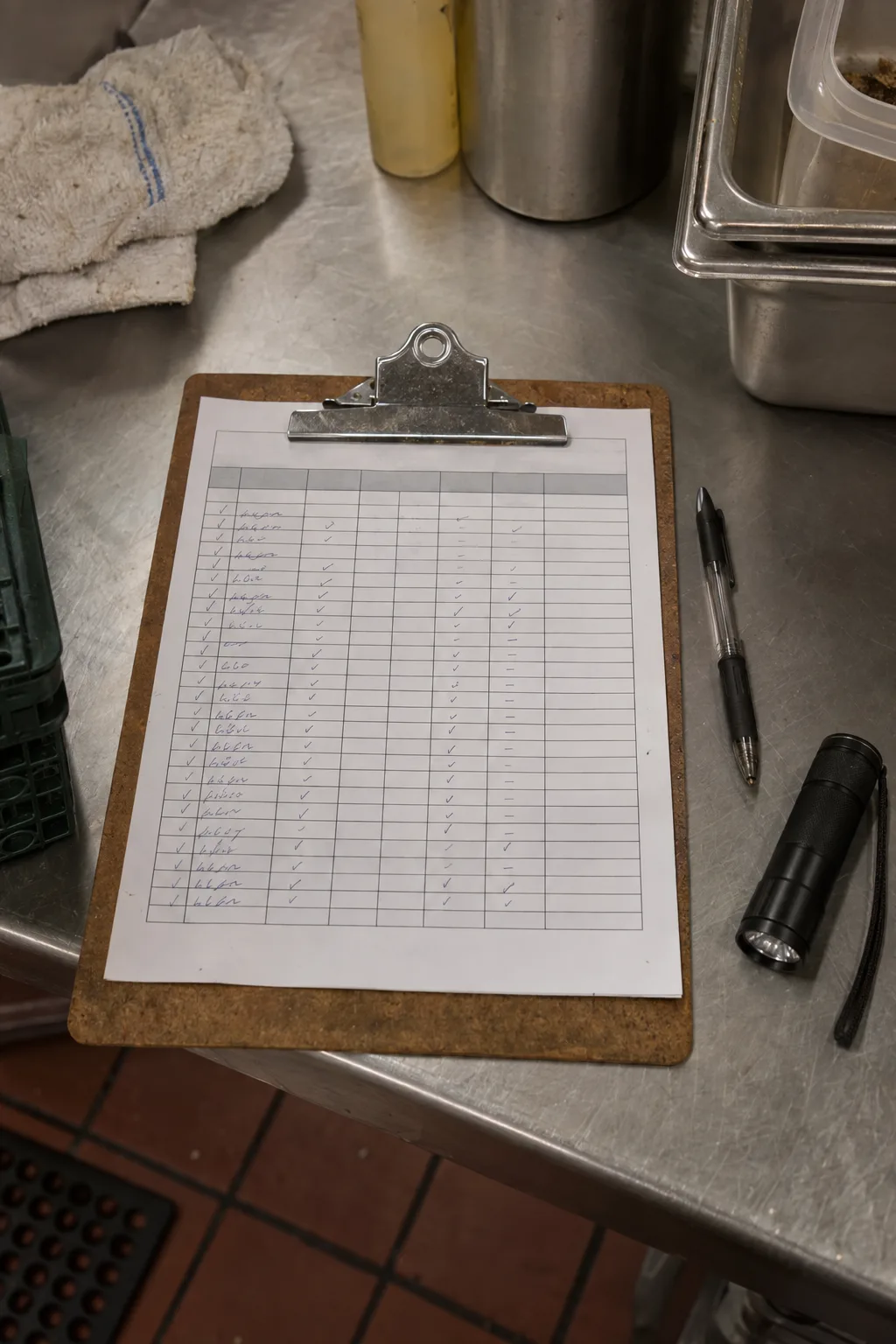 A clipboard with a printed pest-management inspection log showing handwritten entries, a pen, and a flashlight arranged on a stainless-steel commercial kitchen surface