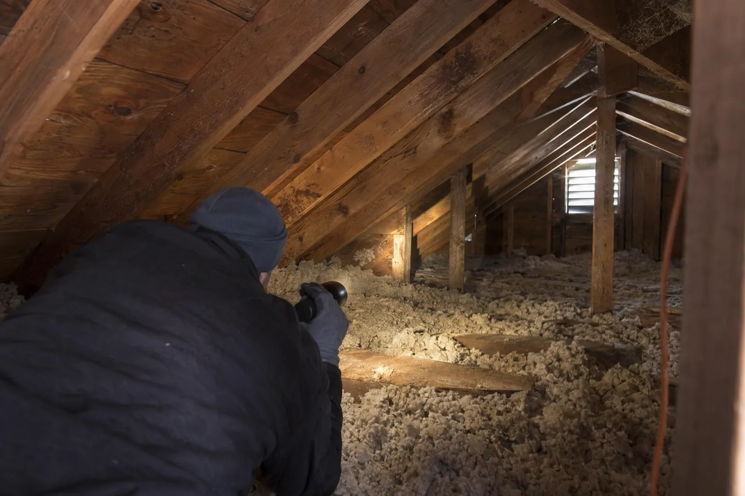 A technician shining a flashlight into a dimly lit residential attic, illuminating wooden rafters, blown-in insulation, and a small gable vent, viewed from behind