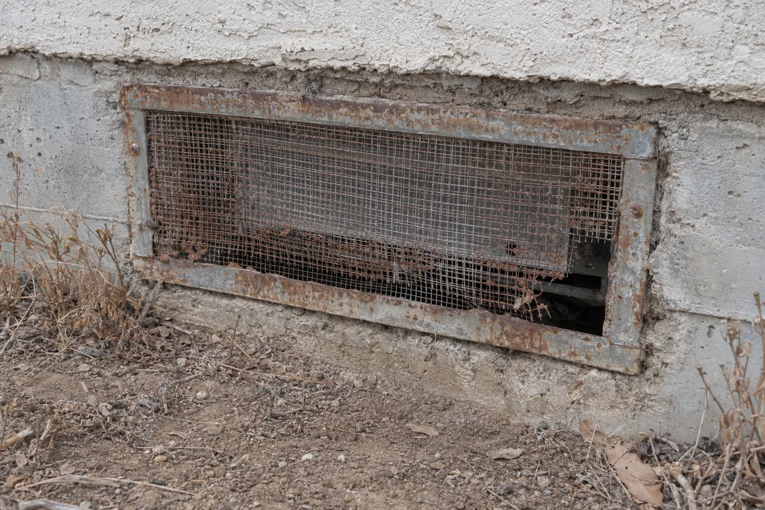 A heavily rusted galvanized foundation vent screen pulling away from its concrete stem wall frame, leaving visible gaps, with dry dirt below and weathered stucco above