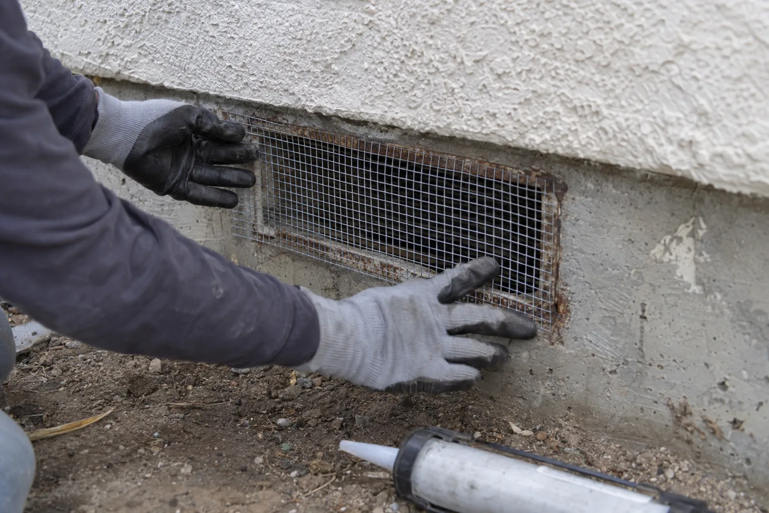 Gloved hands pressing galvanized wire mesh over a corroded rectangular foundation vent opening in a concrete stem wall, with exterior sealant tube resting on the dirt nearby