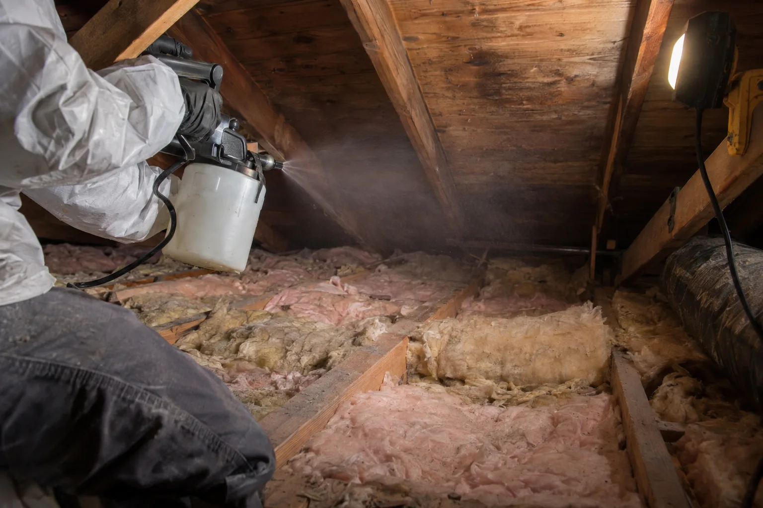 Gloved technician applying odor-neutralizing spray inside a dim Los Angeles residential attic, mist dispersing toward roof decking above loose insulation, a work light illuminating the cramped space