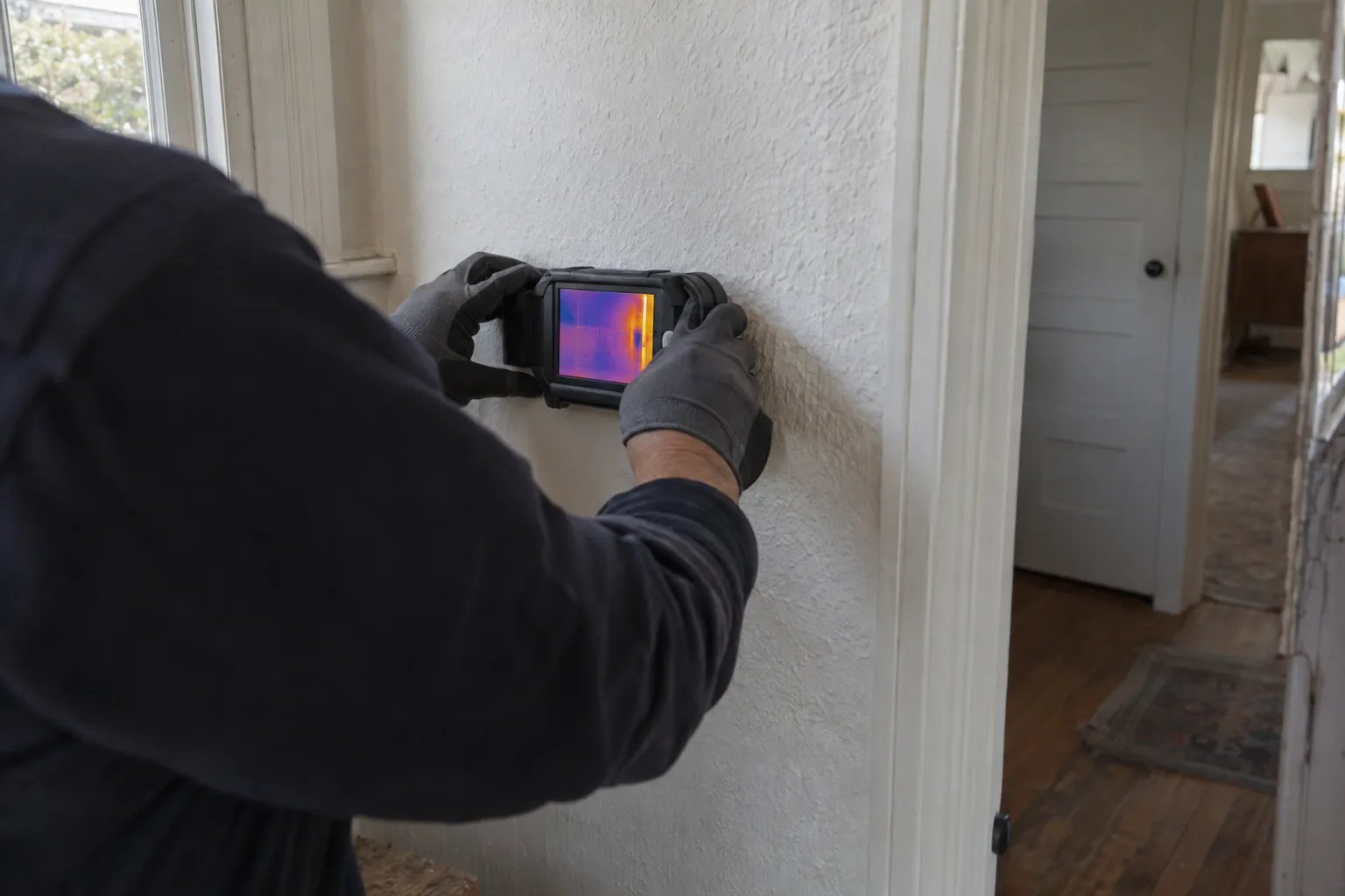 Gloved technician pressing a thermal imaging device against an interior drywall wall inside a Los Angeles home, scanning for the source of an odor