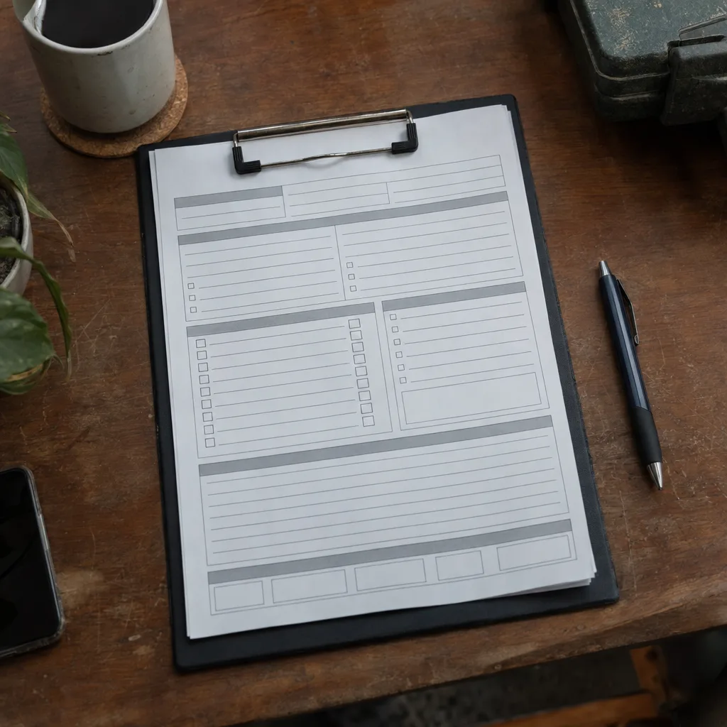 Printed inspection report on a clipboard with a pen resting beside it on a wooden desk, photographed from directly above in soft window light