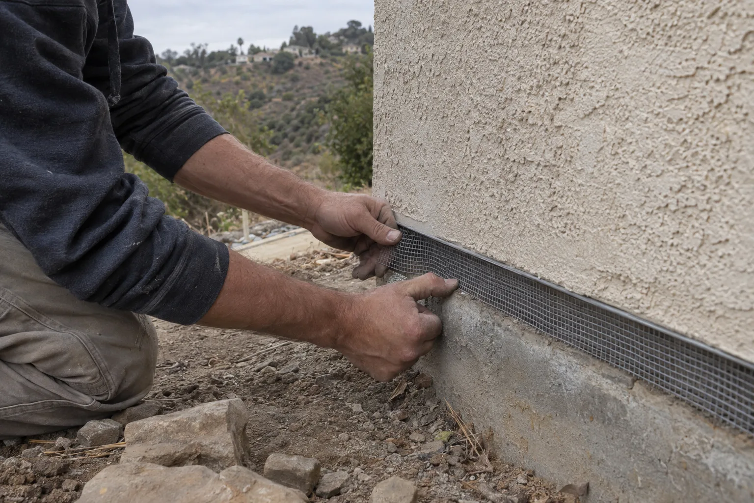 Gloved hands pressing steel mesh into a weep screed gap at the base of a stucco home exterior wall, with a blurred chaparral hillside visible in the background