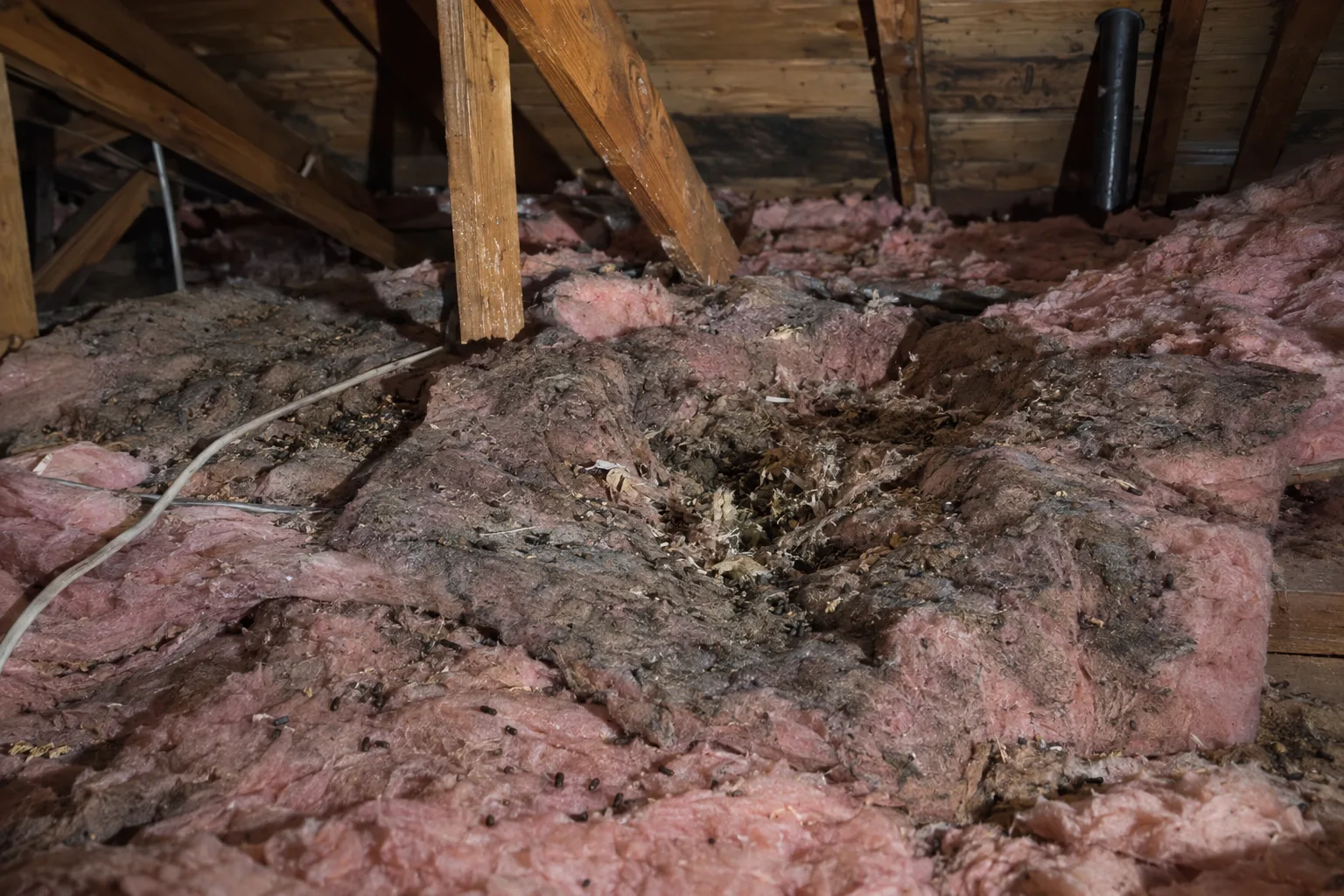 A Los Angeles attic interior showing matted, stained pink insulation compressed into a rodent nesting depression with visible droppings scattered across the surface, lit by a single work light casting stark shadows across the rafter bays