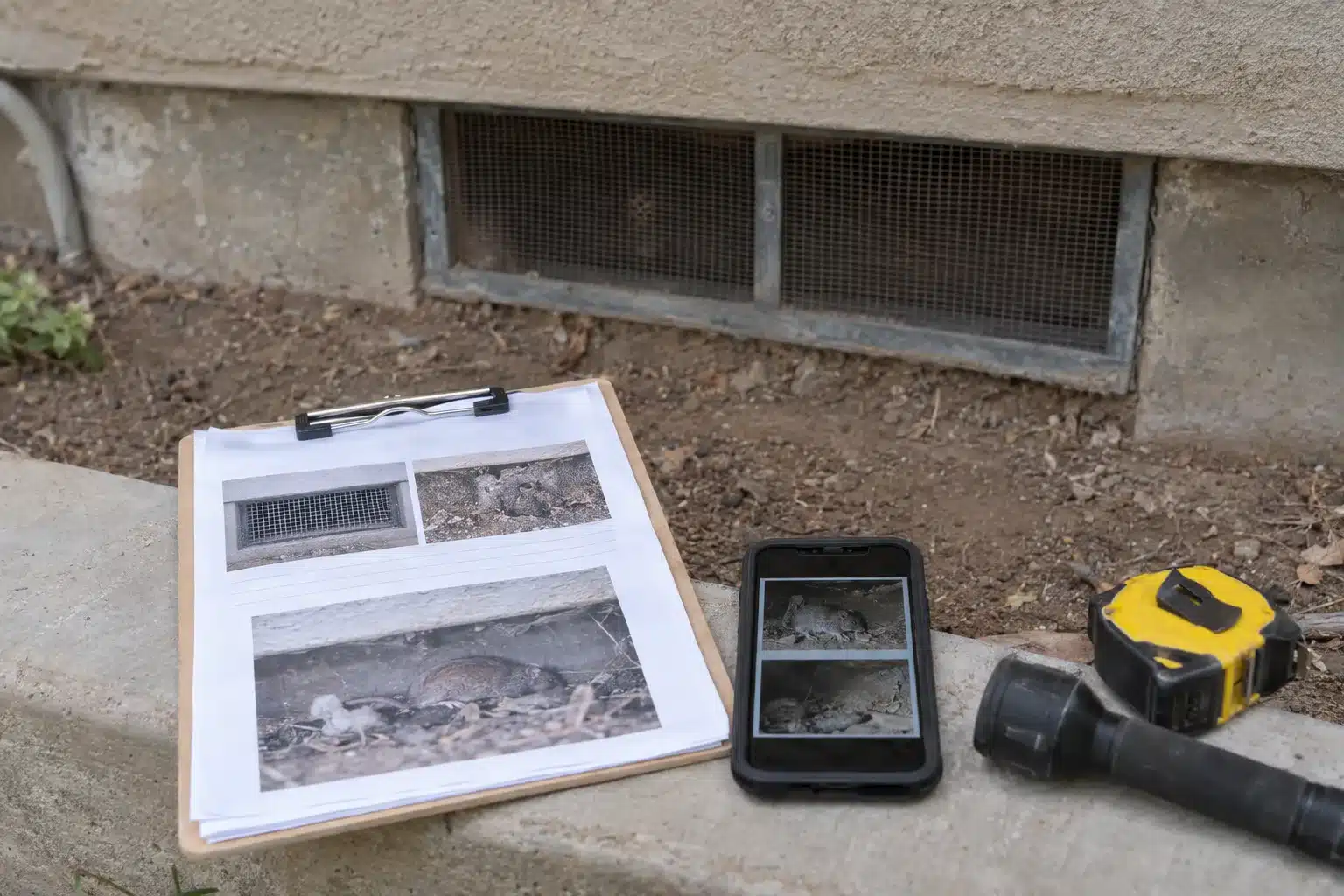 A clipboard with a written inspection report and a smartphone showing documentation photos resting on a raised concrete foundation ledge near a crawl space vent, with a tape measure and flashlight alongside