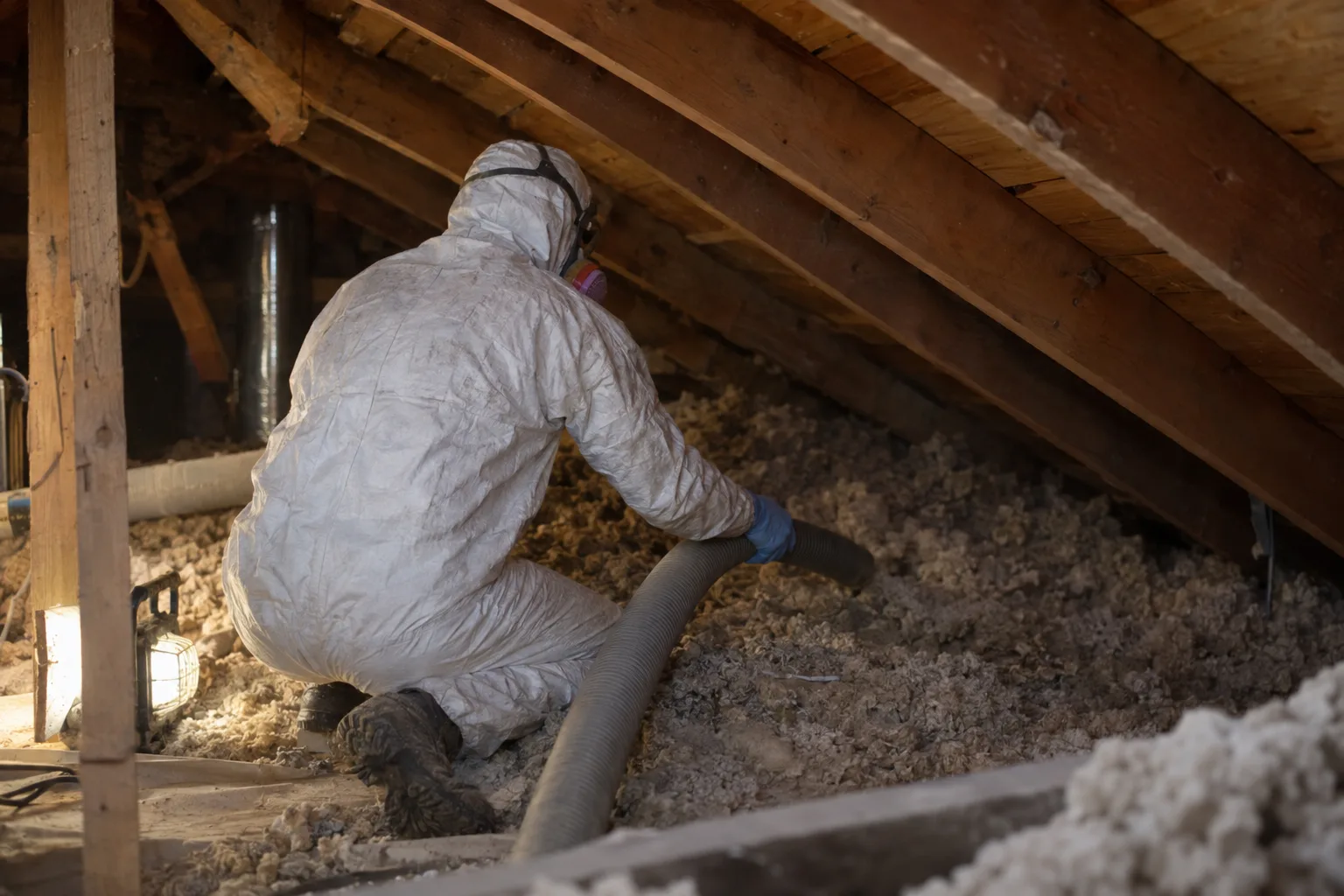 A technician in white Tyvek coveralls and an N100 respirator crouches in a low residential attic, directing a HEPA vacuum hose across loose-fill insulation under dim work-lamp light