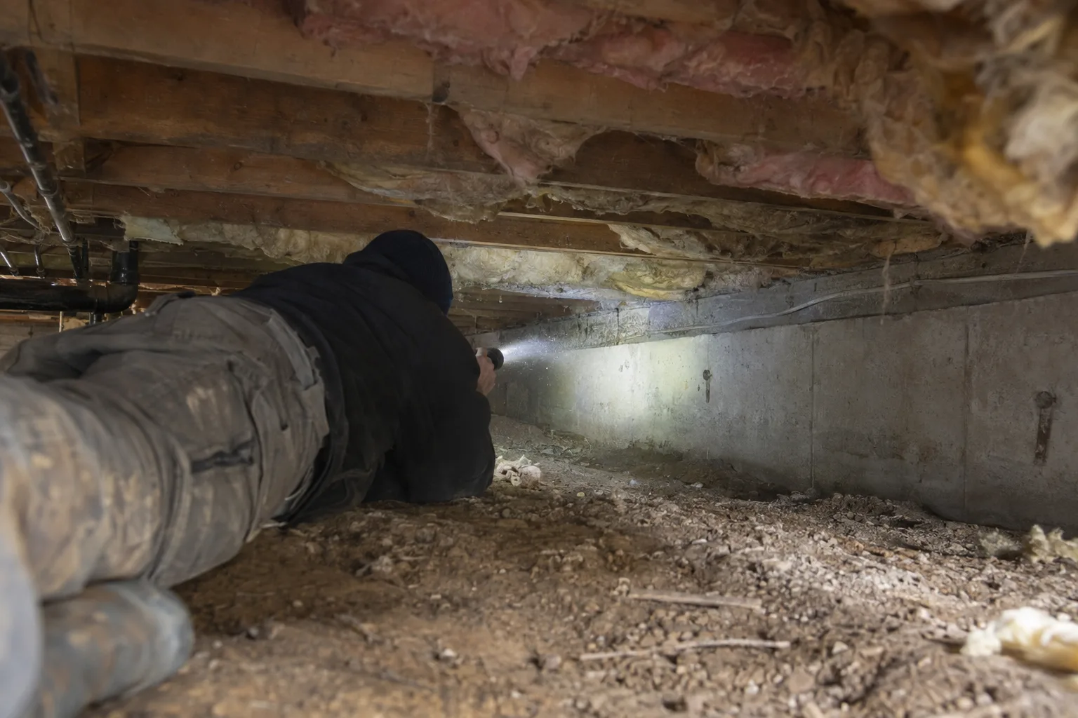 Pest control technician lying on their side in a narrow residential crawl space, shining a flashlight along the stem wall and floor joists in dim, dusty conditions