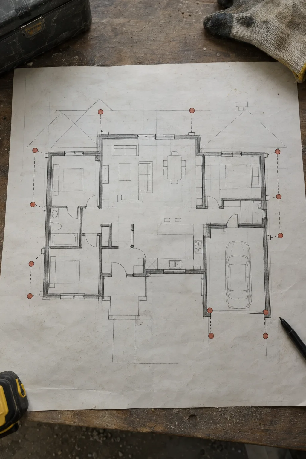 Top-down architectural schematic of a house footprint with numbered red circles marking potential rodent entry points at eaves, garage corners, utility penetrations, and foundation vents
