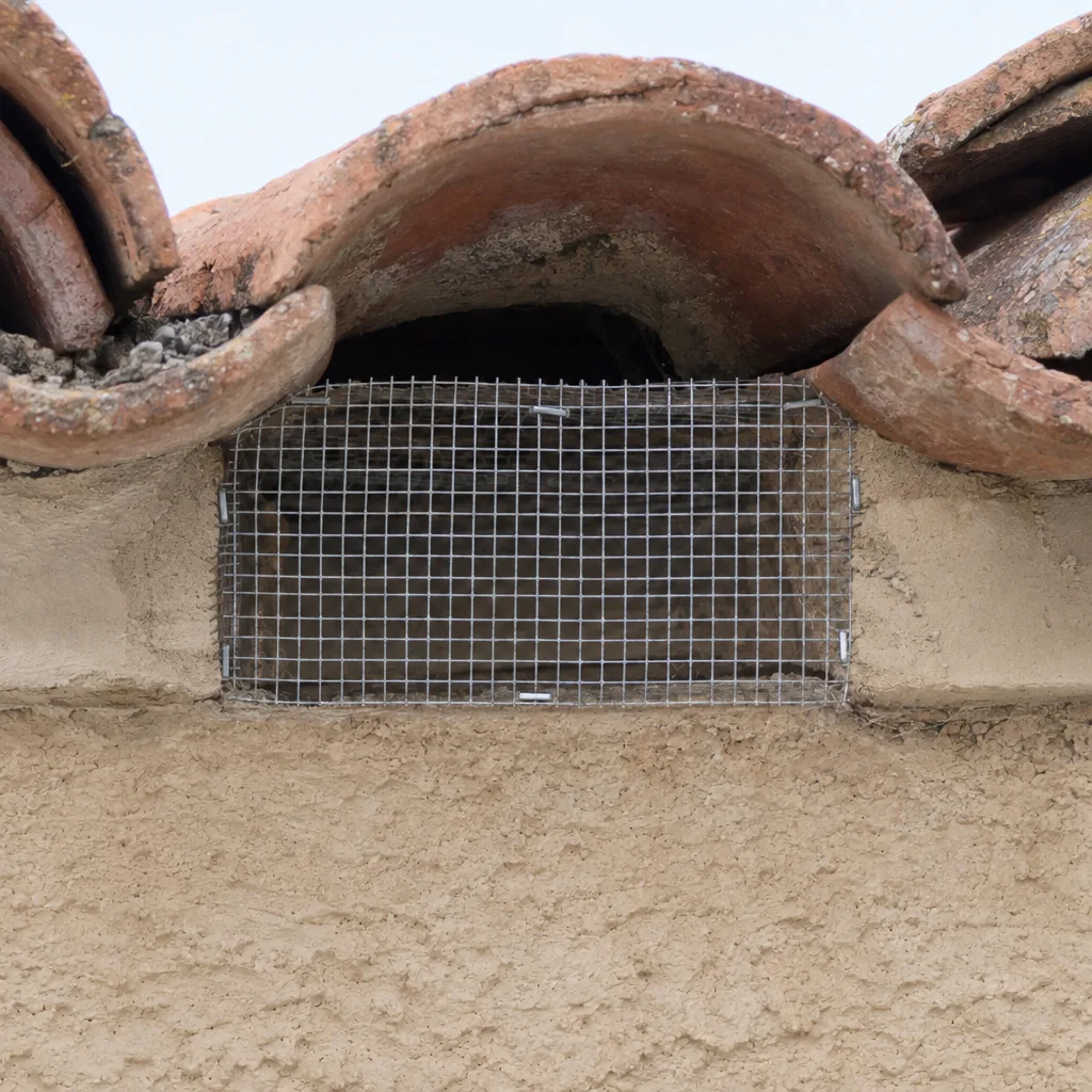 Galvanized hardware cloth stapled over a bird block gap beneath Spanish clay roof tiles, sealing the opening between the eave and the soffit on a stucco home