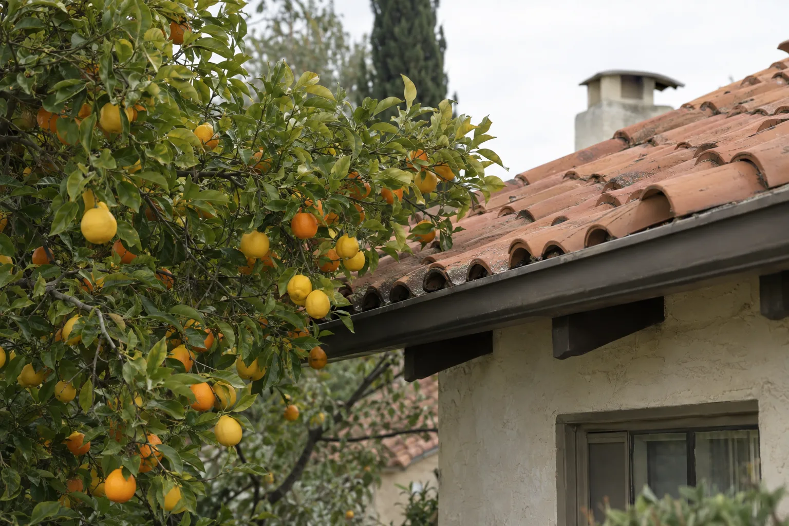 Ripe citrus fruit hanging from tree branches reaching toward the edge of a Spanish clay tile roofline in a Los Angeles residential yard under warm late-afternoon light